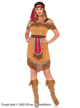 Pocahontas, maskeradklänning med öppna axlar och fransar